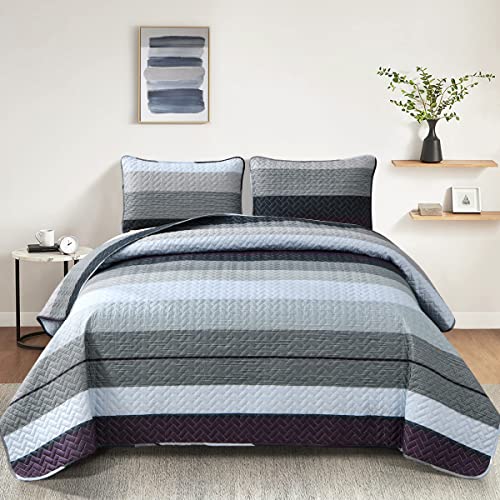 Djy Striped Quilt Set King Size, Grey Purple Reversible Bedspread Coverlet Set Patchwork Soft Microfiber Bedding Set 3 Pieces For All Season (104"X90") #TOP1