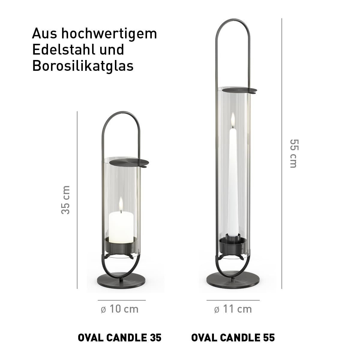 höfats - OVAL Candle 35 schwarz - Windlicht zum Aufstellen oder Hängen - Kerzenständer aus Edelstahl und Glas - Kerzenhalter für Stumpenkerzen bis 10 cm - leichte Reinigung - Höhe 35 cm