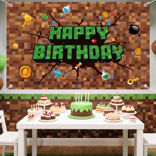 Image of Pixel Birthday Decorations, 70.87x43.31in /180x110cm Happy Birthday Banner Backdrop for Mining Party Decoration & Pixel Themed Celebration Kids Boys Game Party Supplies