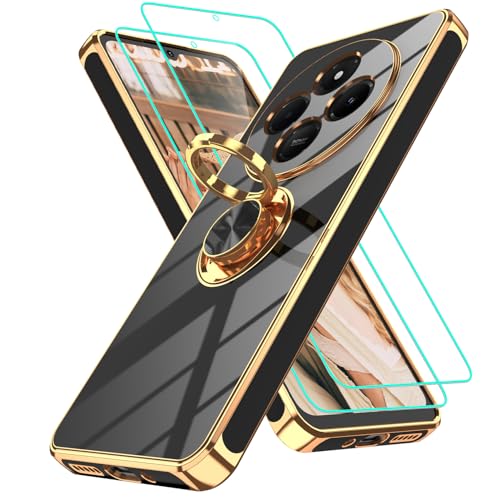 Gritup Schlanke Passform-Hülle für Xiaomi Redmi 14C stoßfeste weiche Abdeckung mit 2 Stück HD-Bildschirmschutz und eingebaute Ring Kickstand Handyhülle Schwarz-14C