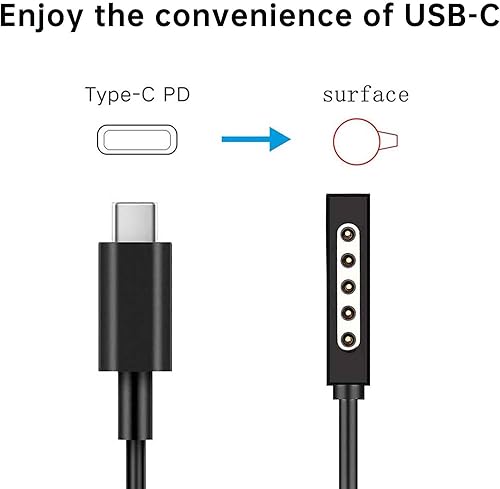Miniatura 3 de Cable de carga USB C para Surface RT y Pro 1 2 (negro de 6 pies), funciona con cargador USB-C de 15 V3A 45 W, compatible con Microsoft Surface 1512