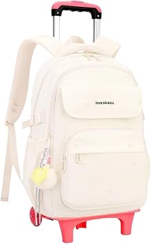 EKUIZAI Solid Girls Rolling Backpack for Kids Roller Bookbag with Wheels for Middle School Students Girls Trolley Backpack, 2-Wheel White