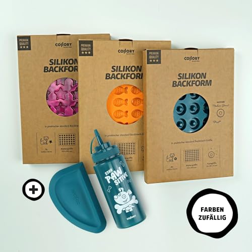 Collory große Backmatten Hundekekse Starter Paket inkl. Zubehör (5er Set), Hundeleckerlis in MEDIUM backen, Dosierflasche und Schaber, Lebensmittelecht & Bpa-frei