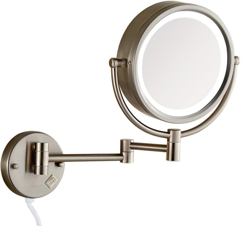 Wall Mount Magnifying Mirror with Light with 10X Magnification, LED Lighted/8 inches, Double Sided, Powered by Plug, Nickel Finished, Three Models Light-Plug in