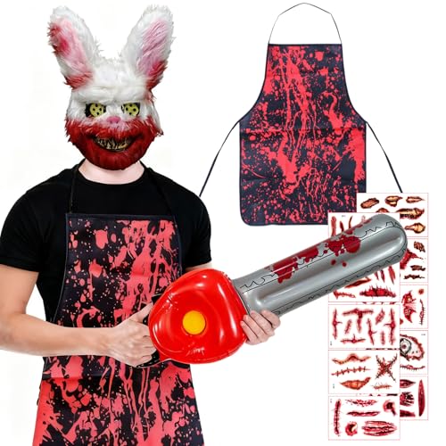 Beibeijia Halloween MáScara Horror Conejo Set, 4 Piezas Accesorios de Armas de Terror de Halloween, Delantal Sangriento, Pistola Inflable, Pegatinas para Disfraz de halloween, Cosplay, Mascarada