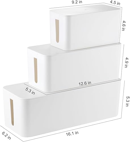 Miniatura 6 de Caja organizadora de cables grande de madera blanca, paquete de 3 con 18 unidades de organización de cables, cajas grandes, medianas y pequeñas para