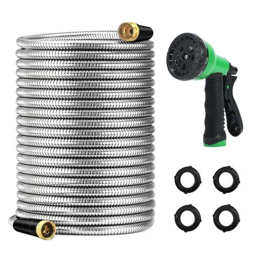 25FT Garden Hose - SIKAIN Heavy Duty Stainless Steel Water Hose Flexible and Leak Proof Metal Garden Hose, No Kink Metal Water Hose for Yard, Outdoor,Car