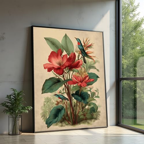 Oiseaux avec fleurs rouges sur toile illustration florale déco vintage