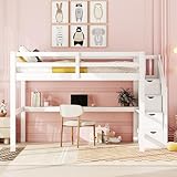 MUZHIXIANG Cama alta para niños con espacio de almacenamiento y escritorio, color blanco, madera de pino, multifuncional, estable, con somier, para habitación infantil (140 x 200 cm)