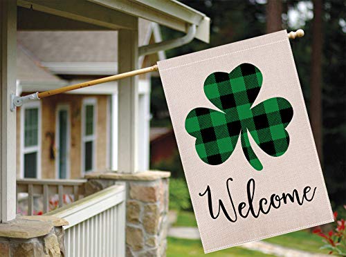 Hugsvik St Patricks Day House Flags, 28 X 40 Double Sided Saint Patrick's Day Welcome House Flags, Buffalo Plaid Shamrock St Patrick’s Day Decorations Irish Decor For Farmhouse Garden Yard Porch #TOP6