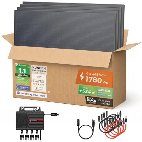Solarway® 1780Wp / 2000-800W Balkonkraftwerk komplett Steckdose - neuester 2000 Watt Wechselrichter - Solaranlage Komplettset - 445W bifaziale Solarmodule & Envertech & Zubehör