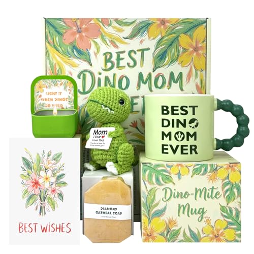 Birthday Gifts For Mom, Unique Gifts for Moms from Daughter Son Best Mom Ever Mug Set For Wife, Mamasaurus Cup, Funny Mother's Day Gift for daughter Mama Bonus Step with Crochet Dinosaur for Christmas