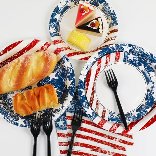 Image of Qyeahkj 100 Pcs 4th of July Party Plates and Napkins Tableware Set American Flag Birthday Party Dinnerware Supplies Patriotic Favors Independence Memorial Day Decorations for Serve 25