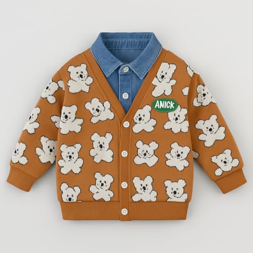 Image of Bold N Elegant Teddy Bear Cartoon Print Cardigan Jacket Attached Shirt & Denim Jeans Pant Winter Party Clothing Set for Boys Girls Kids
