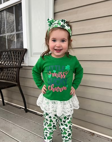 Image of HIHA Toddler Little Girls St.Patrick's Day Outfit Love Letter Print Dress Tops Pants Set