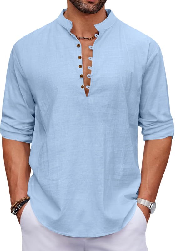 Image of Macsivo Men's Stylish Mandarin Collar Kurta | Casual Ethnic Fusion Shirt for Daily, Party & Travel | Full Sleeves | Cotton Blend Comfort Fit Short Kurta