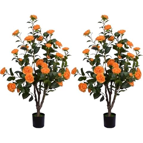 Artificial Camellia Tree 3.3ft, 2 Pack Faux Camellia Tree Fake Orange Flower Tree for Wedding Home Office Indoor Outdoor Decor Orange Cover