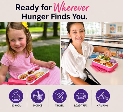 Image of kinsho Bento Lunch Box Kids & Adults. Meal and Snack Containers for Boys, Girls for School Work Travel, 4 Sealed Divided Compartments, BPA Free, Utensils (Rose Pink, 1 Pack)