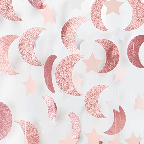Image of Pink Rose-Gold Moon-Star Party-Decorations Garland - 52Ft Twinkle Little Star Hanging Decoration Streamers Banner, Eid Ramadan Mubarak Decoration Birthday Wedding Baby Shower Party Decor Panduola