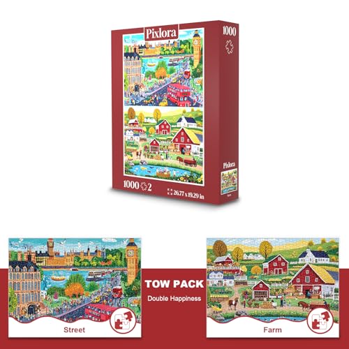 Pixlora 1000 Piece Puzzle for Adults, 2 Pack City and Countryside Jigsaw Puzzles, Landscape Theme, Challenging Puzzles for Family Game Night, Ideal for Home Decor
