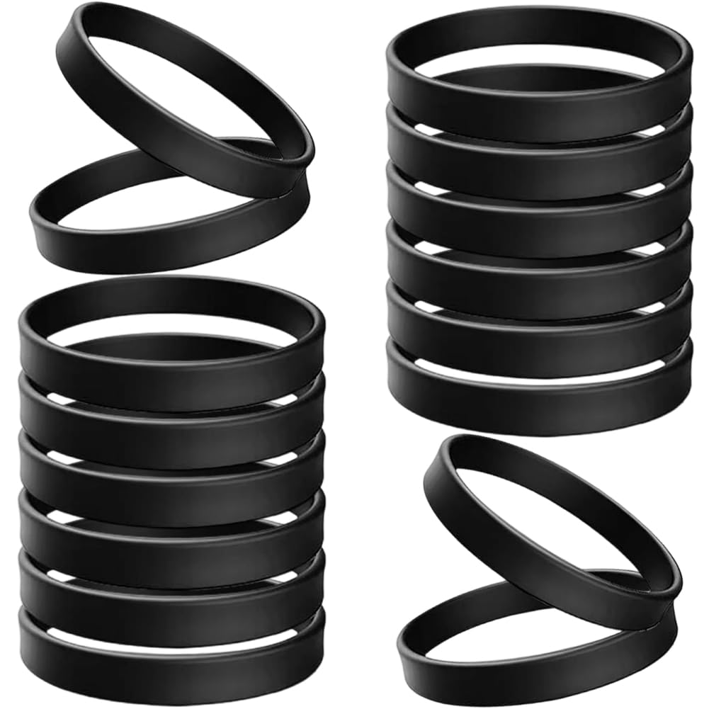 CREATCABIN 24Pcs Plain Black Rubber Bracelet Silicone Wristbands Bulk Stretch Elastic Soft Blank Smooth Sports Cord Bracelets Pack for Wristbands Sports Training Events Party Favors Decorations
