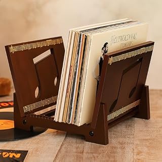 Vinyl Record Storage Stand for 12″ LPs – Desktop Record Holder Rack for 50–75 Albums – Wooden Vinyl Display Shelf with Music Note Design for Home, Studio & Collectors - Les Beatles, Paul McCartney, John Lennon, RIngo Starr, George Harrison