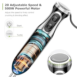 Bonsenkitchen Immersion Blender Handheld with Food Processor, 20 Speeds Hand Blender with Turbo Mode, Stainless Steel Blade, Egg Whisk, Beaker & Chopper Bowl, Hand Mixer for Smoothie, Soup, Baby Food