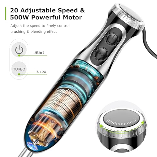 Bonsenkitchen Immersion Blender Handheld with Food Processor, 20 Speeds Hand Blender with Turbo Mode, Stainless Steel Blade, Egg Whisk, Beaker & Chopper Bowl, Hand Mixer for Smoothie, Soup, Baby Food - Image 4