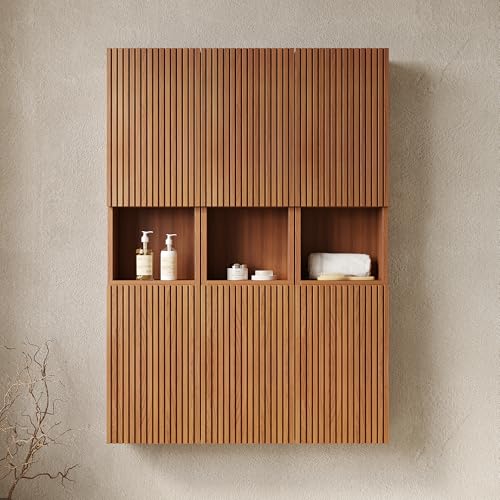 KEIKI Bathroom Wall Cabinet with Soft-Close Doors & Open Shelf, Brown Oak