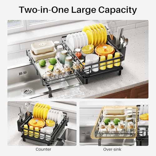 Image of SNTD Dish Drying Rack - Extendable Dish Rack, Large Sink Drying Dish Drainer for Kitchen Counter, Stainless Steel Dish Strainer with Utensil Holder (Black)