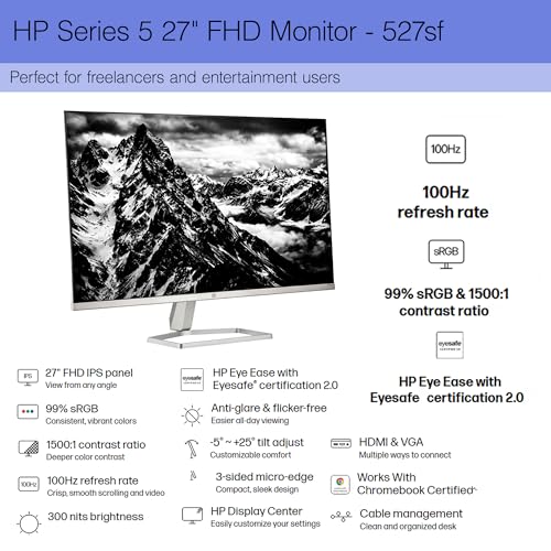 Image of HP Series 5 527SF 27 inch Full HD (1920x1080) Monitor (2-Pack) | IPS Display, 100Hz, Slim Bezel Design, Eye Comfort Technology & HDMI Connection, Replaces M27F (94F44AA#ABA) + 2X Screen Protector + More