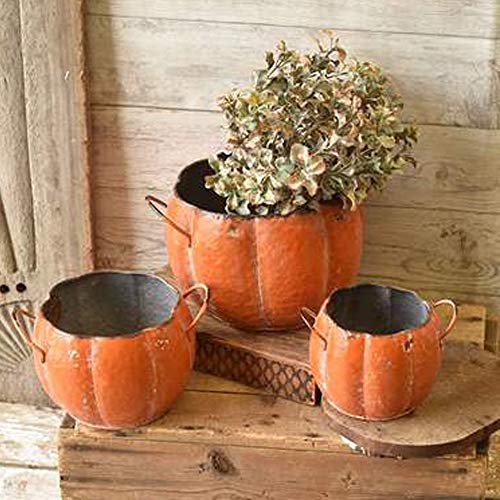 One Holiday Way Set of 3 Rustic Orange Metal Pumpkin Shaped Planters with Handles –...