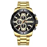 CURREN Quartz Luminous Man Watch Fashion Sport Stainless Steel Watches 3ATM Waterproof Wristwatch Chronograph Watches (Gold Black)