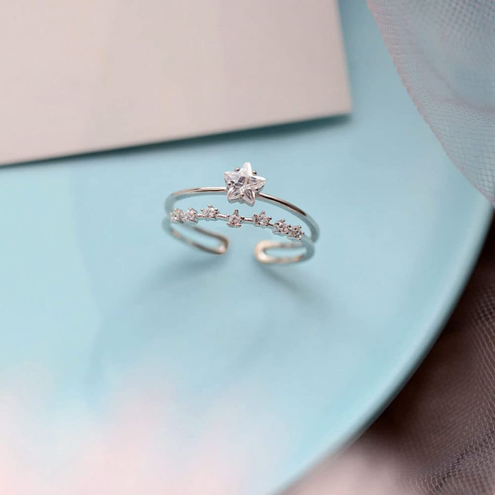 HGJH Ring Silber 925 Damen, S925 Sterling Silber Sterne Ring Verstellbare Ringe Doppelschicht Offener Ring Silber Daumenring Ewigkeitsring Hochzeit Charme Schmuck Geschenke Für Männer Mädchen Damen