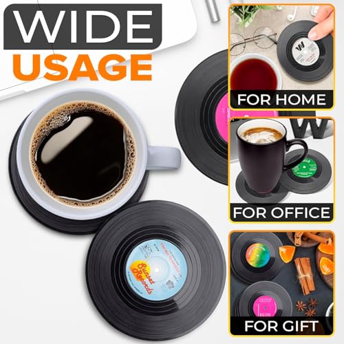 Image of 6Pcs Vinyl Record Coasters for Drinks - 4.1 inch Retro Gift Record Player Coasters for Desk - Durable and Heat-Resistant Mini Vinyl Records Set to Decorate Home Bar, Kitchen or Office