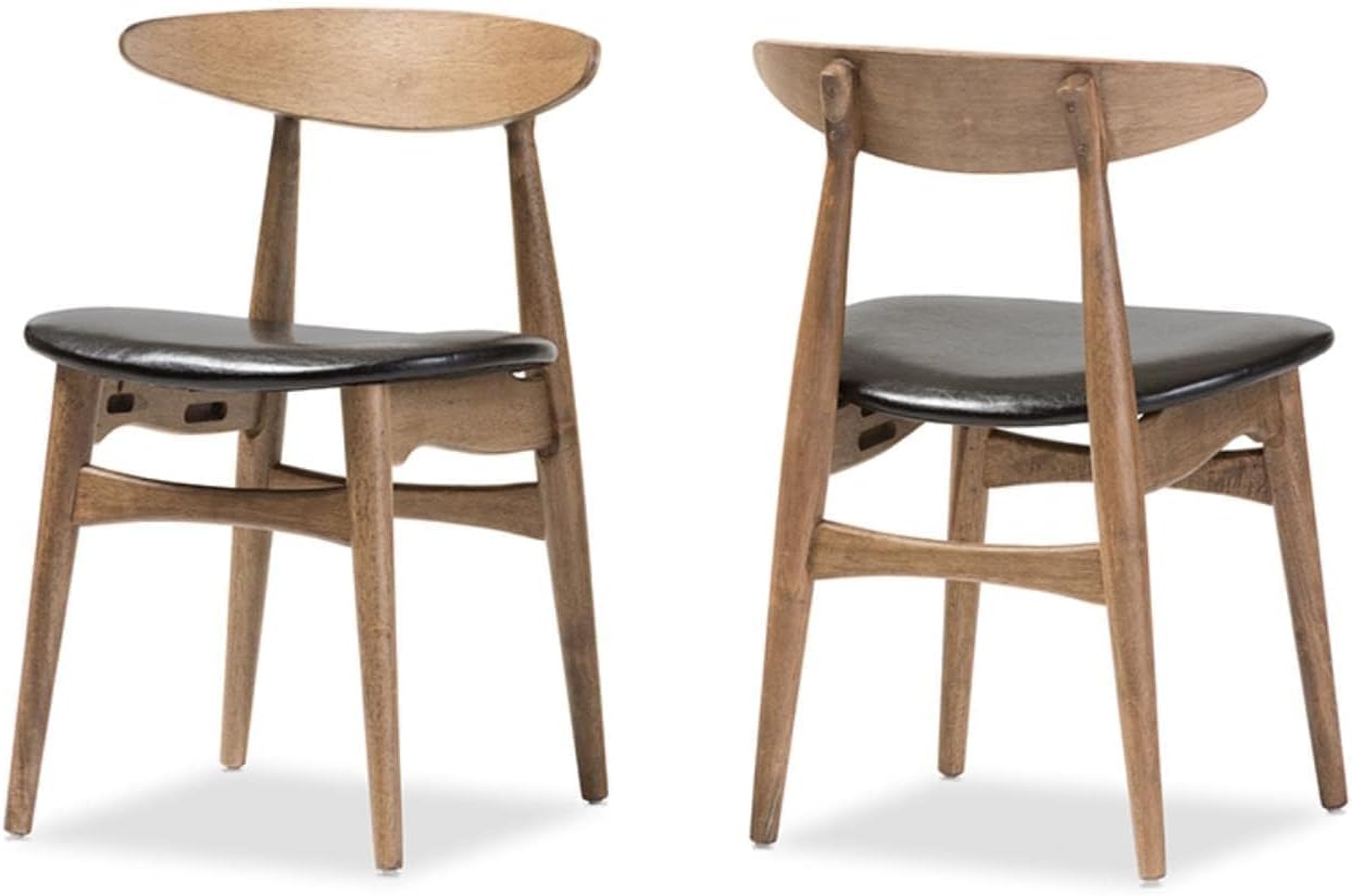 BOWERY HILL 5 Piece Dining Set, Rubberwood Table and Chairs, Light Brown Oak Finish, Black Faux Leather Upholstered Seats, Mid-Century Modern Design, Indoor Dining Room Furniture for 4-6 Guests