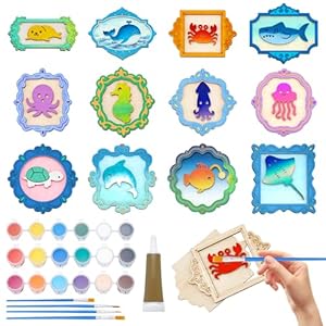 12 Pcs Marine Animal Frames Wooden Craft, DIY Unfinished Wood Crafts for Painting, Woodens Ornaments Paint Crafts with Paint and Brush for Adult Home Decor Craft Art Party Supplies