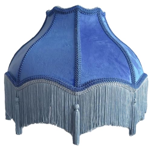 Tristan Home Premium Classic Victorian Style Bell Shape Scallop Large Velvet Lamp Shade with Tassels and Fringe 14inch Width 11inch Height (Ocean Blue) Medium