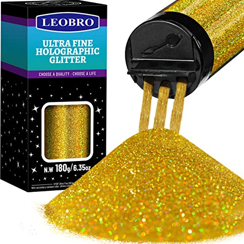 LEOBRO - Purpurina holográfica ultrafina de 180 g, purpurina de resina de 1/128 pulgadas, escamas de lentejuelas, purpurina para cabello, cara, cuerpo, uñas, purpurina iridiscente metálica para vasos