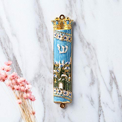 Matashi Hand Painted Mezuzah Gold Plated And Crystals (Blue & Green Enamel Mezuzah Jerusalem City) #TOP5