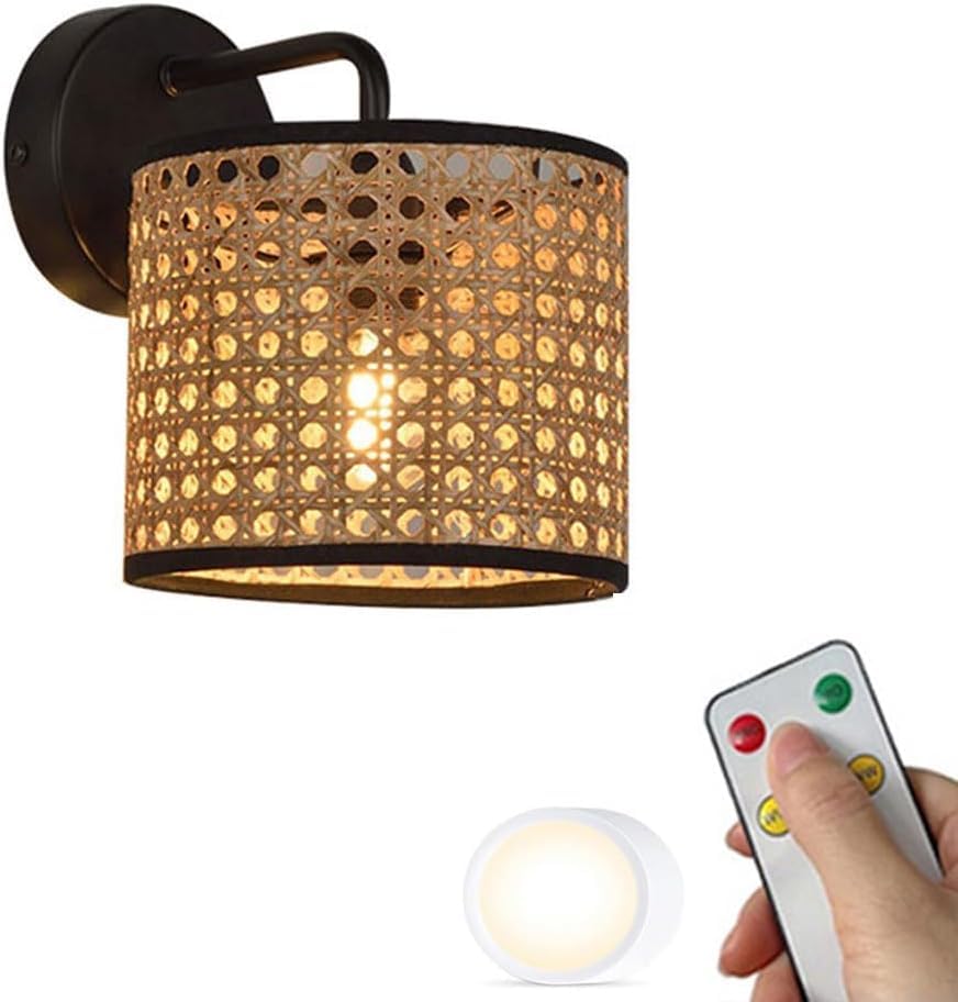 OEUBEQ Aplique de Pared Moderno PZAOJAU, Aplique de Pared de ratán Negro a Pilas, luz de Pared inalámbrica de Mimbre Bohemio Tejido, Bombilla LED remota, lámpara de Pared Recargable inalá