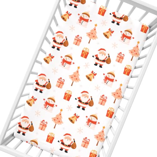 Image of Cloele Christmas Crib Sheet for Boys Girls,White,Santa Snowman,52x28in