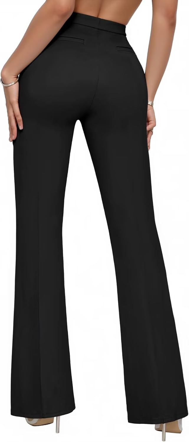 Hybrid & Company Womens Ultra Stretch Ponte Flare Pants-High Rise,Faux Pockets,Pull On,Wrinkle Resistant-Casual & Office Wear - Image 2