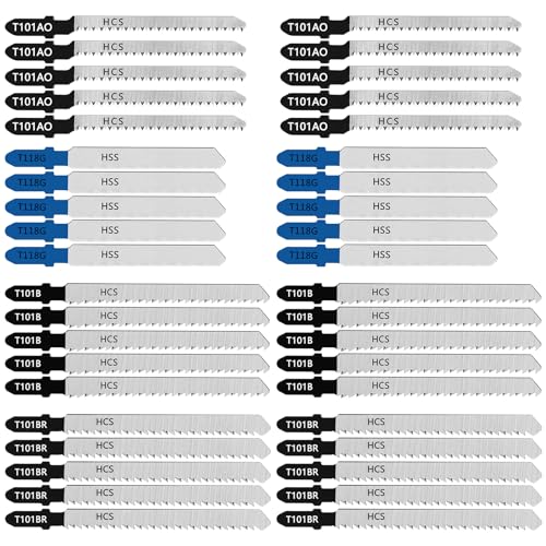 PAYA TOOLS 40 Pieces Jigsaw Blades Set for Wood, Plastic and Metal Cutting, T-Shank Jig Saw Blades Multi-Purpose Replacement Kit(T101B,T118G,T101AO,T101BR)