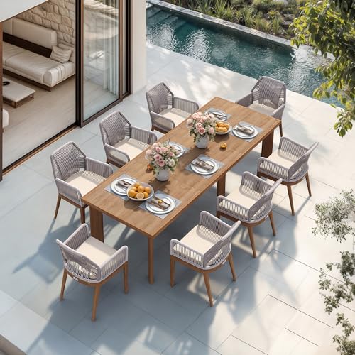 Image of PURPLE LEAF 9 Pieces Patio Dining Set with Cushion and Wicker Arm Deep Teak | Premium HPL Tabletop, Sunbrella Color Lasts, Quick-Dry Textilene Rope Backrest, Stable Aluminum Frame, Washable Seat Cover