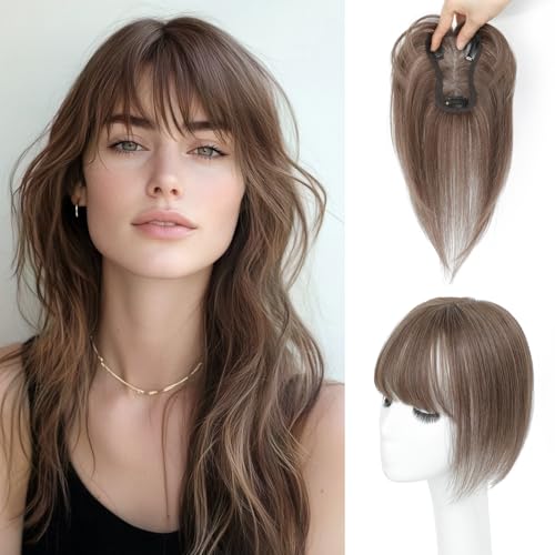 meralona Hair Toppers for Women Real Human Hair Toppers with Bangs 4.5 * 3 Inch Upgrade Swiss Lace Base Human Toppers for Women with Thinning for Cover Gray Hair Roots（Medium Auburn Brown）