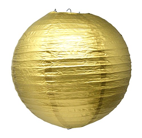 Image of Mudra Crafts 12 Inch Round Chinese Gold Paper Lanterns Hanging Decor | 10 PCs, Reusable, Indoor Outdoor Decorative Lamp Shade, for Ceiling, Wedding, Shower, Party, Festival, Home Decoration