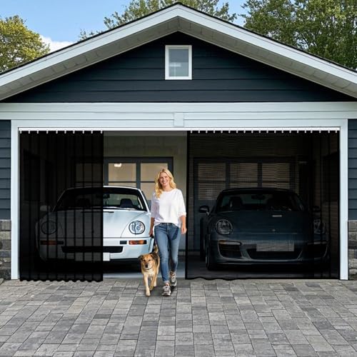 Sliding Garage Door Screen 2 Car 16x7Ft Retractable Garage Screen Door with Track Closure Heavy Duty Fiberglass Mesh Garage Net Screen Keep Annoying Animals Out Easy Assembly Privacy Protection