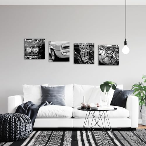 VANSEEING Black and White Vintage Car Canvas Wall Art American Retro Vehicle Engines Steering Wheel Cool Classic Pictures Posters Wall Decor for Men's Boys Room Bedroom 12''x12''x 4 Panels by VANSEEING - Image 7
