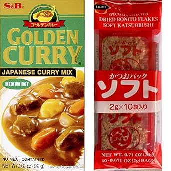 S&B Golden Curry Japanese Mix Medium Hot 3.2 oz with J-BASKET Katsuo Bushi Soft Dried Bonito Flakes 10ct Bundle